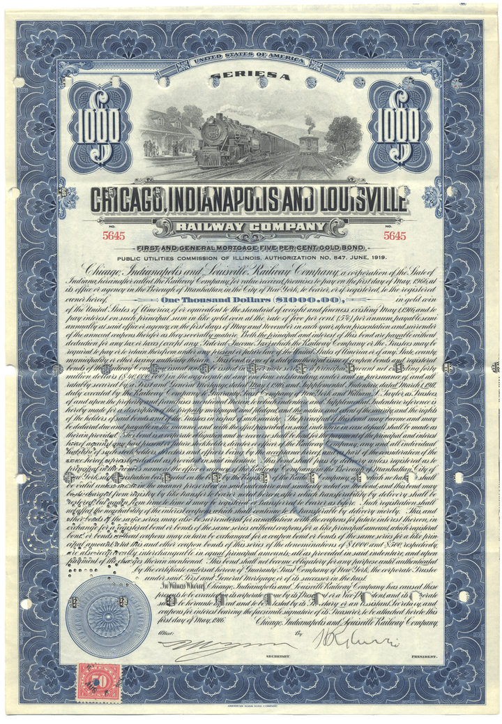 Chicago, Indianapolis & Louisville Railwau Company Bond Certificate