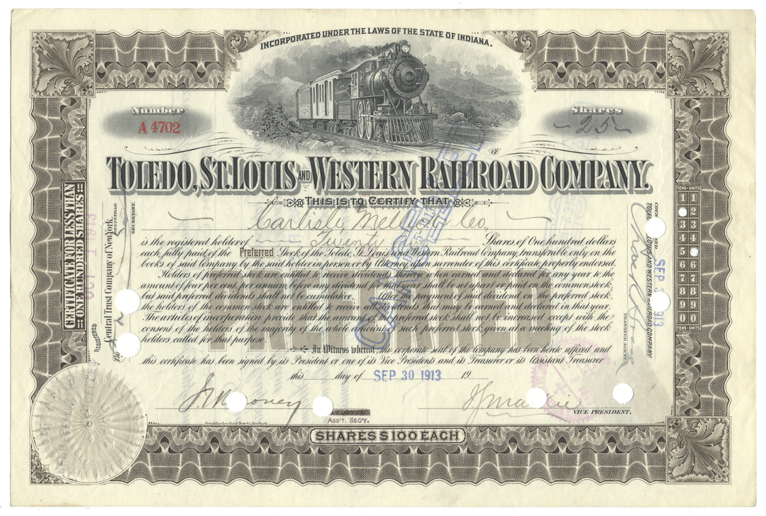 Toledo, St. Louis & Western Railroad Company stock certificate from 1913 with train illustration.