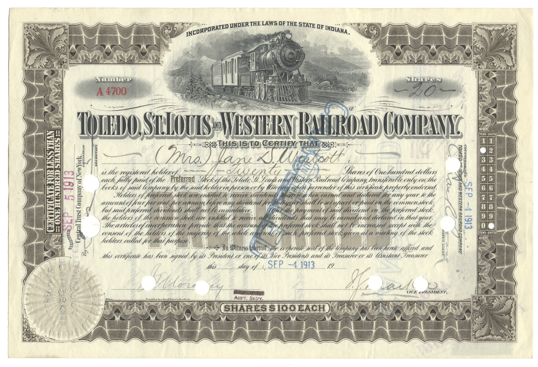 Toledo, St. Louis & Western Railroad Company stock certificate with train illustration dated 1913