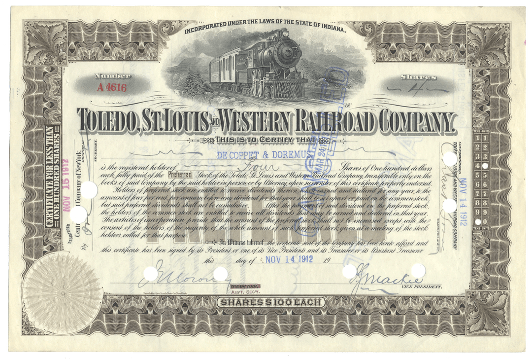 Toledo, St. Louis and Western Railroad Company stock certificate from 1912