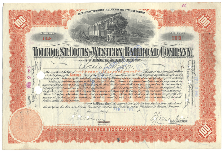 Toledo, St. Louis & Western Railroad Company stock certificate with train illustration