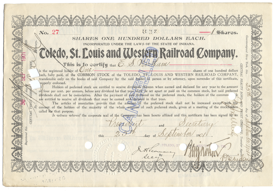 Toledo, St. Louis and Western Railroad Company Stock Certificate