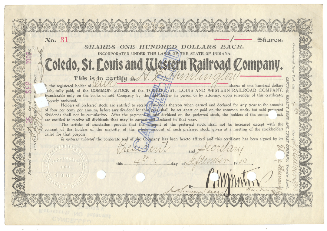 Vintage stock certificate for Toledo, St. Louis and Western Railroad Company from 1903