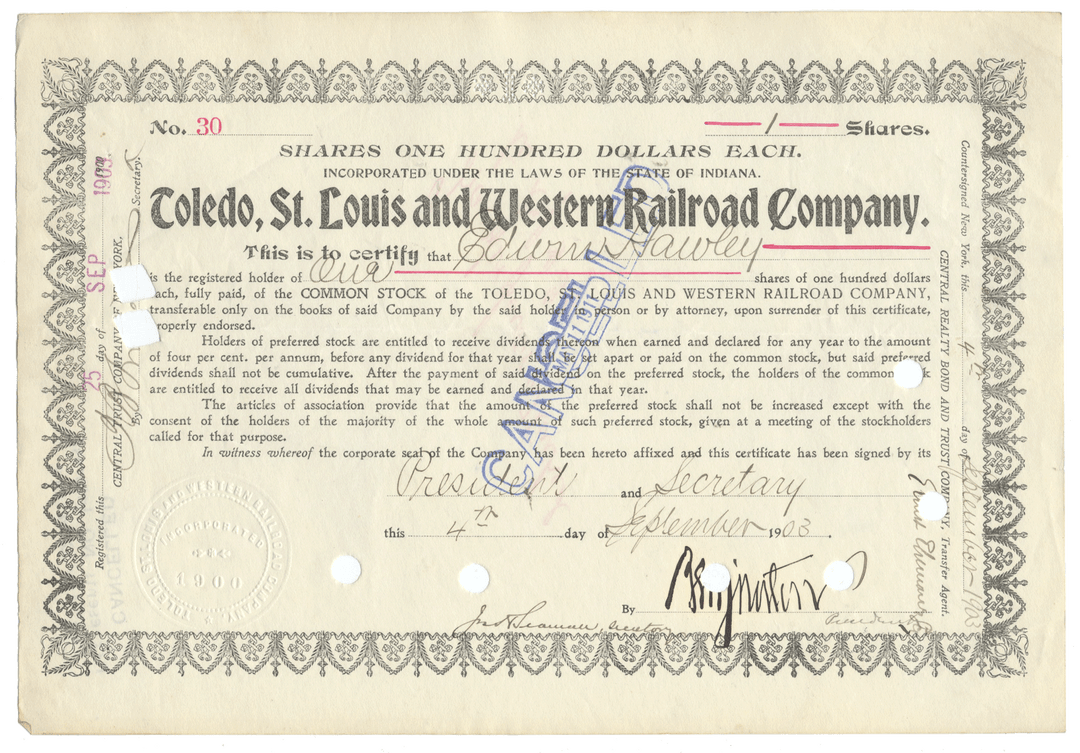 Vintage stock certificate of Toledo, St. Louis and Western Railroad Company with decorative border.