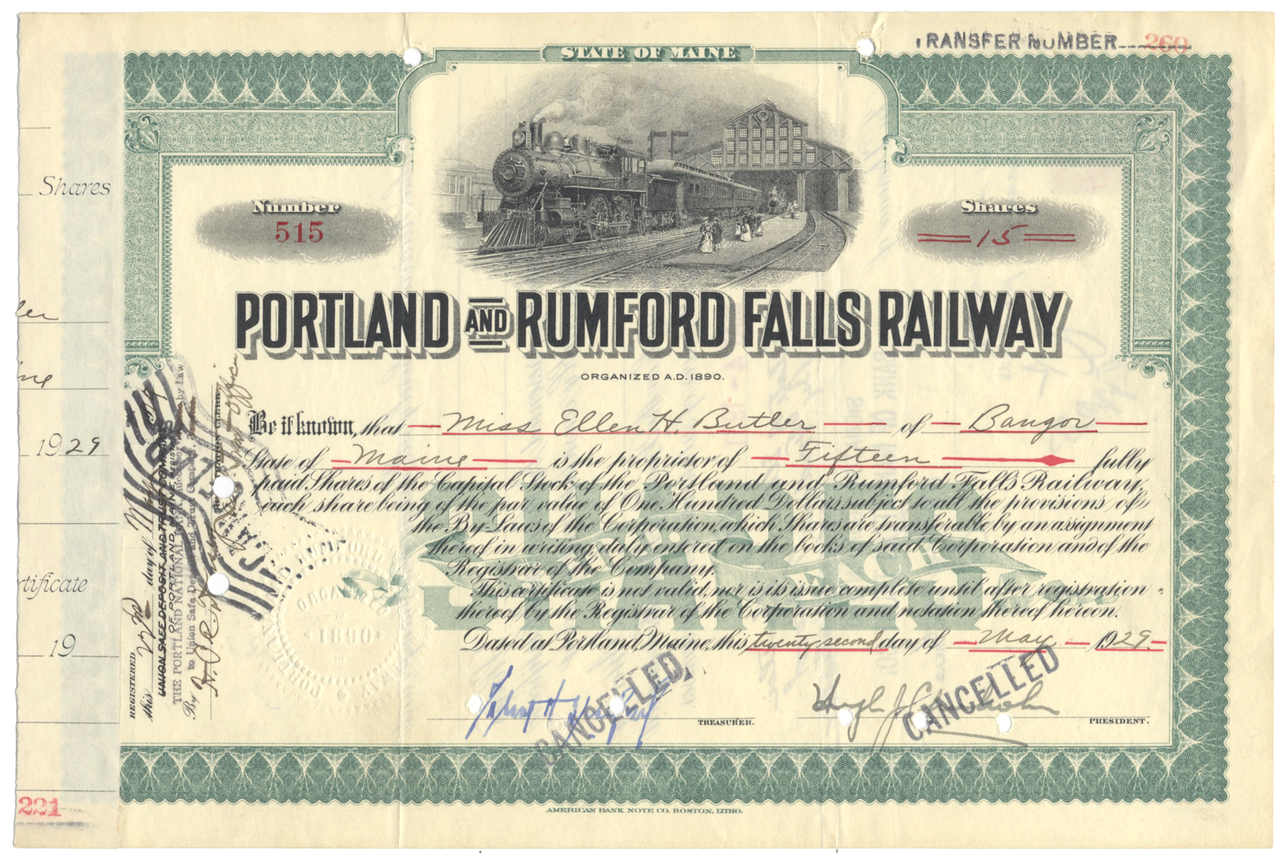 Portland and Rumford Falls Railway Stock Certificate