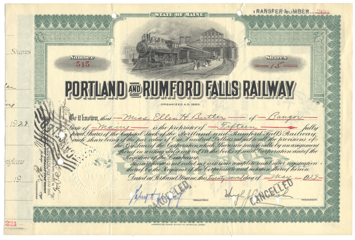 Portland and Rumford Falls Railway Stock Certificate