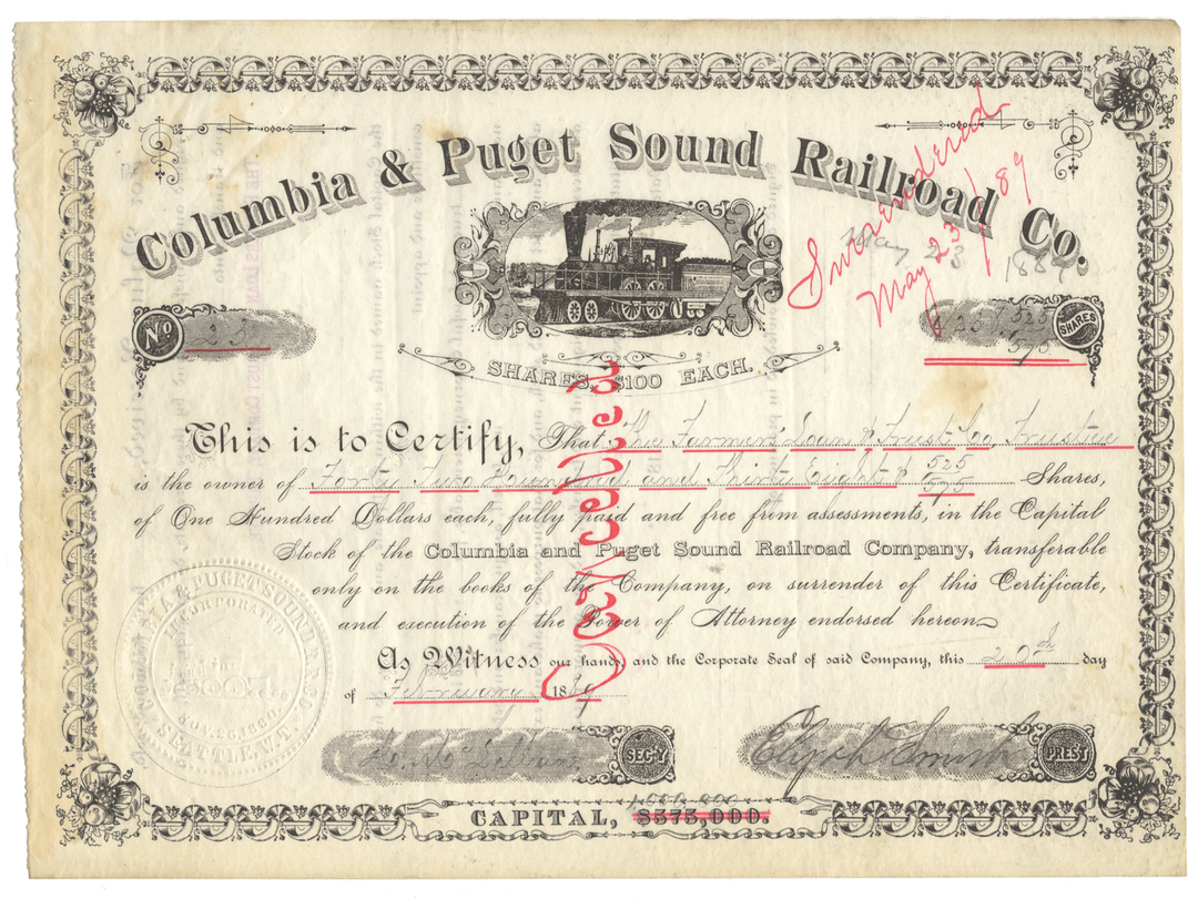 Columbia & Puget Sound Railroad Co stock certificate from 1889