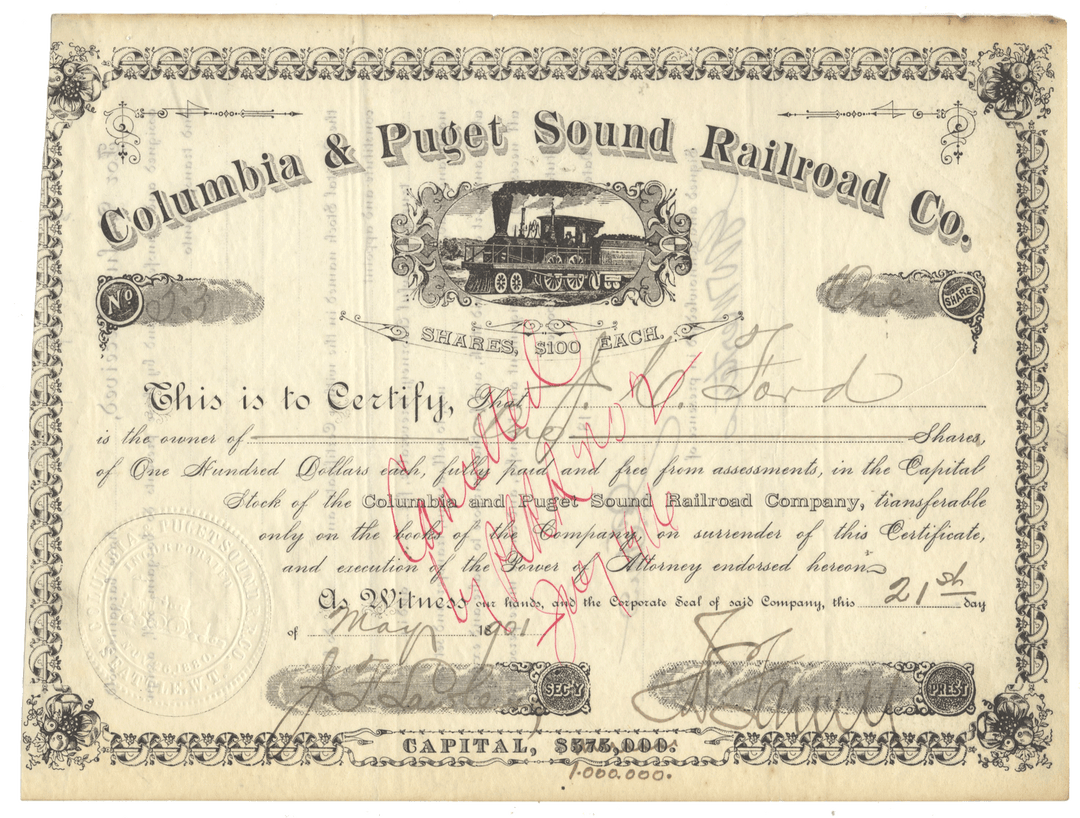 Columbia & Puget Sound Railroad Company Stock Certificate from 1901