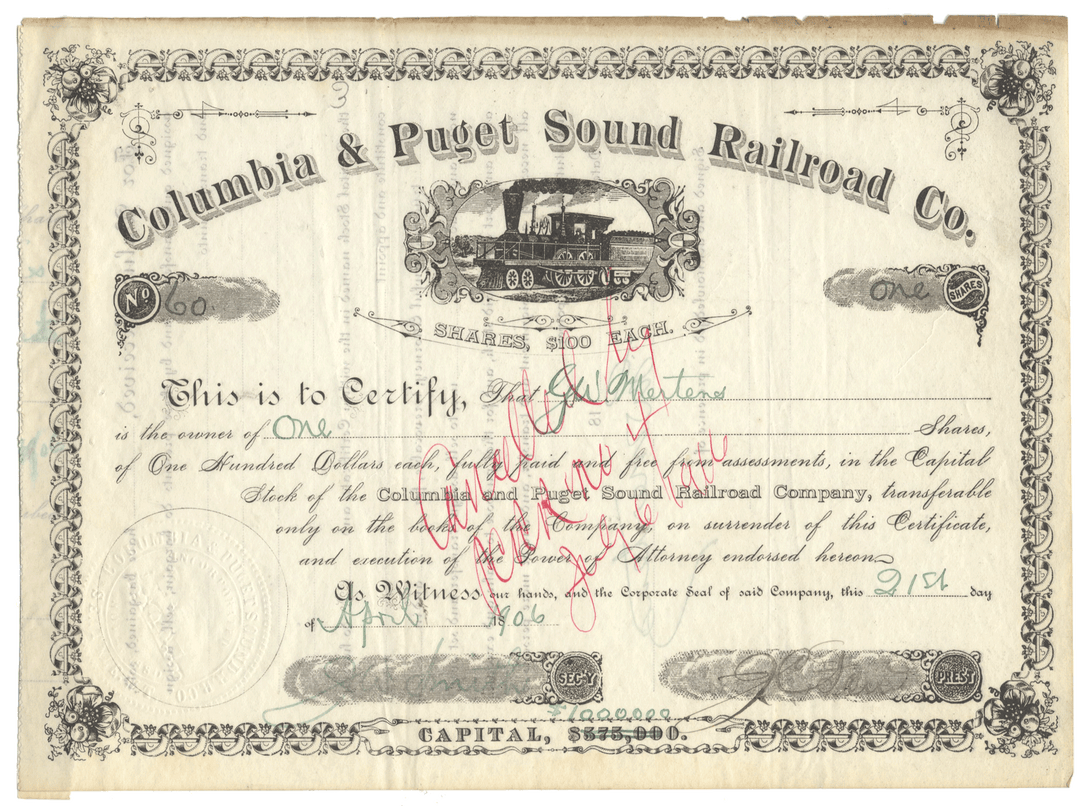 Columbia & Puget Sound Railroad Co stock certificate with decorative elements