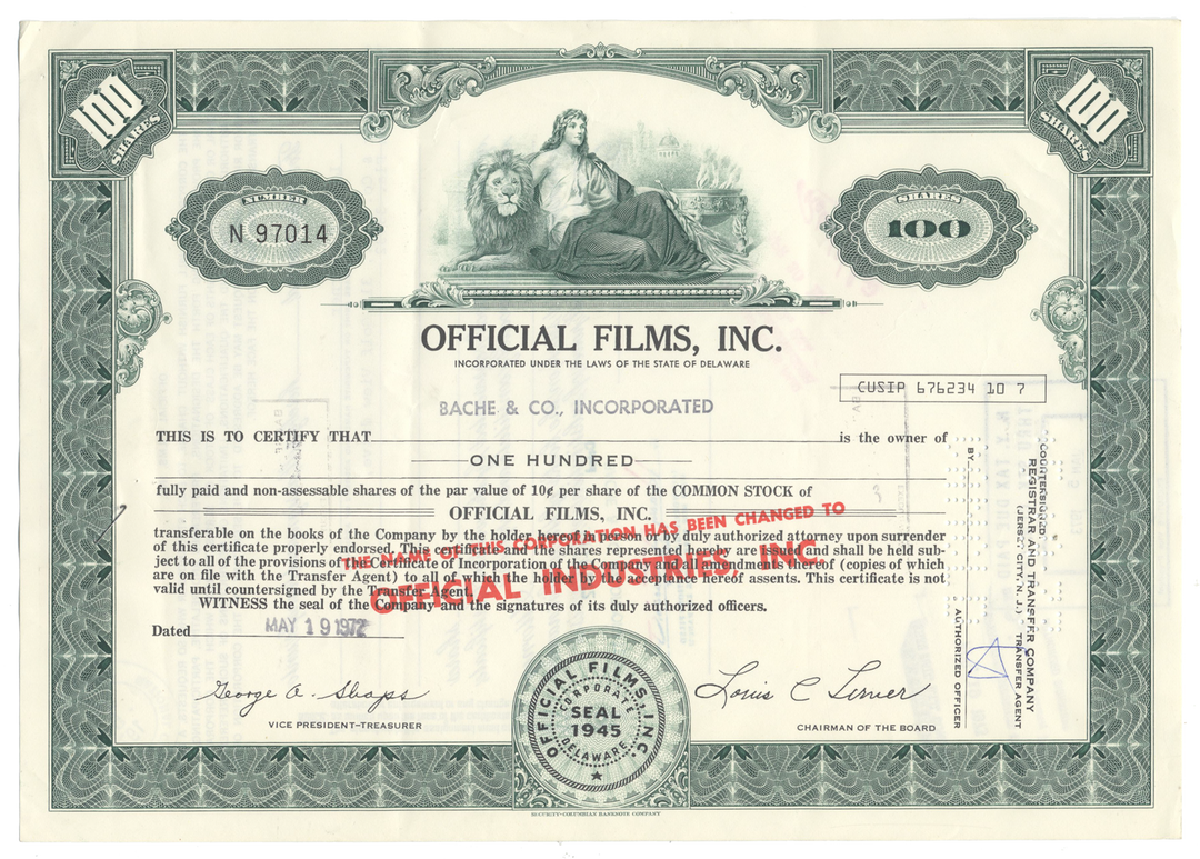 Official Films, Inc. Stock Certificate