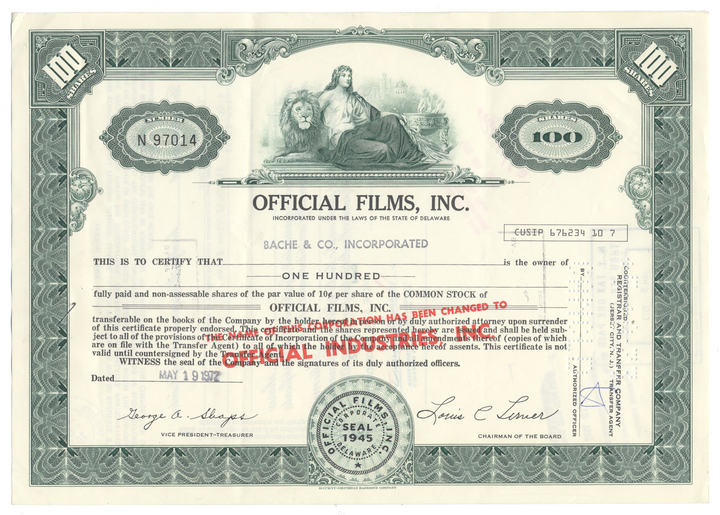 Official Films, Inc. Stock Certificate