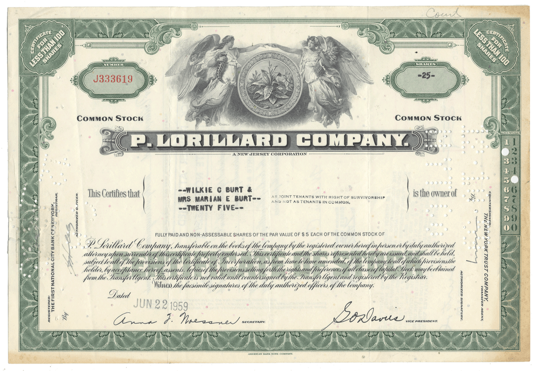 An antique P. Lorillard Company stock certificate from 1959