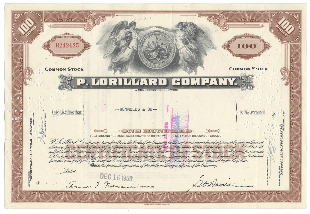 Vintage stock certificate of the P. Lorillard Company with decorative elements and text from 1959