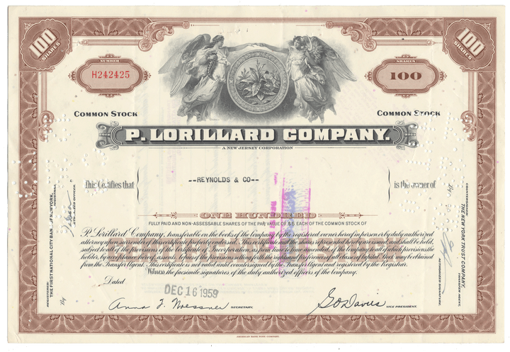 Vintage stock certificate of the P. Lorillard Company with decorative elements and text from 1959