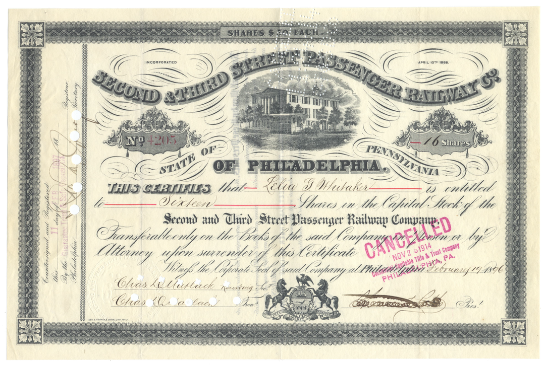 Second & Third Street Passenger Railway Company of Philadelphia Stock Certificate