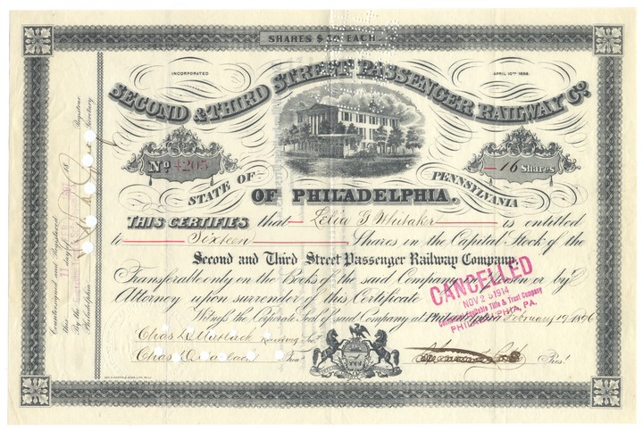 Second & Third Street Passenger Railway Company of Philadelphia Stock Certificate