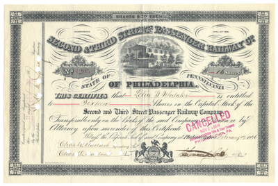 Second & Third Street Passenger Railway Company of Philadelphia Stock Certificate
