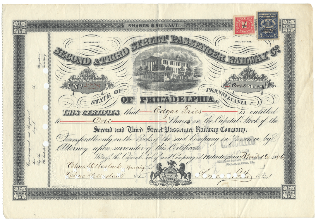 Second & Third Street Passenger Railway Company of Philadelphia Stock Certificate