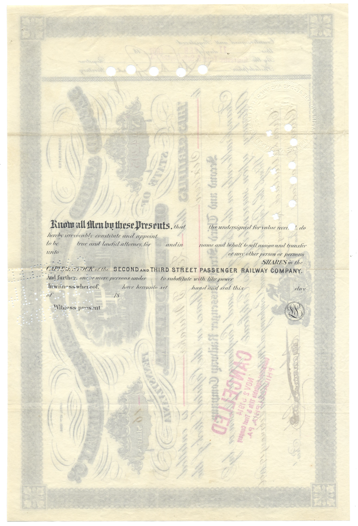 Second & Third Street Passenger Railway Company of Philadelphia Stock Certificate