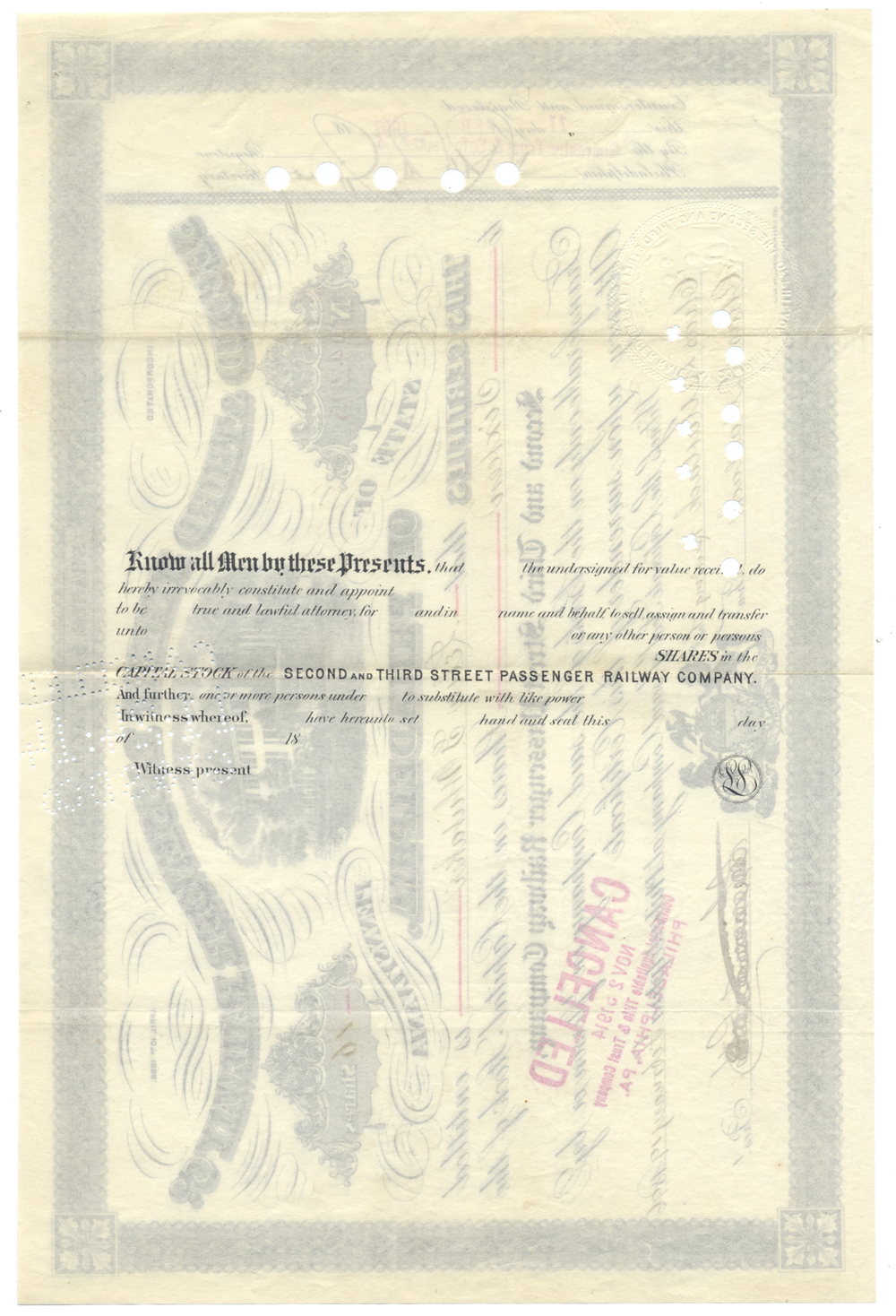 Second & Third Street Passenger Railway Company of Philadelphia Stock Certificate