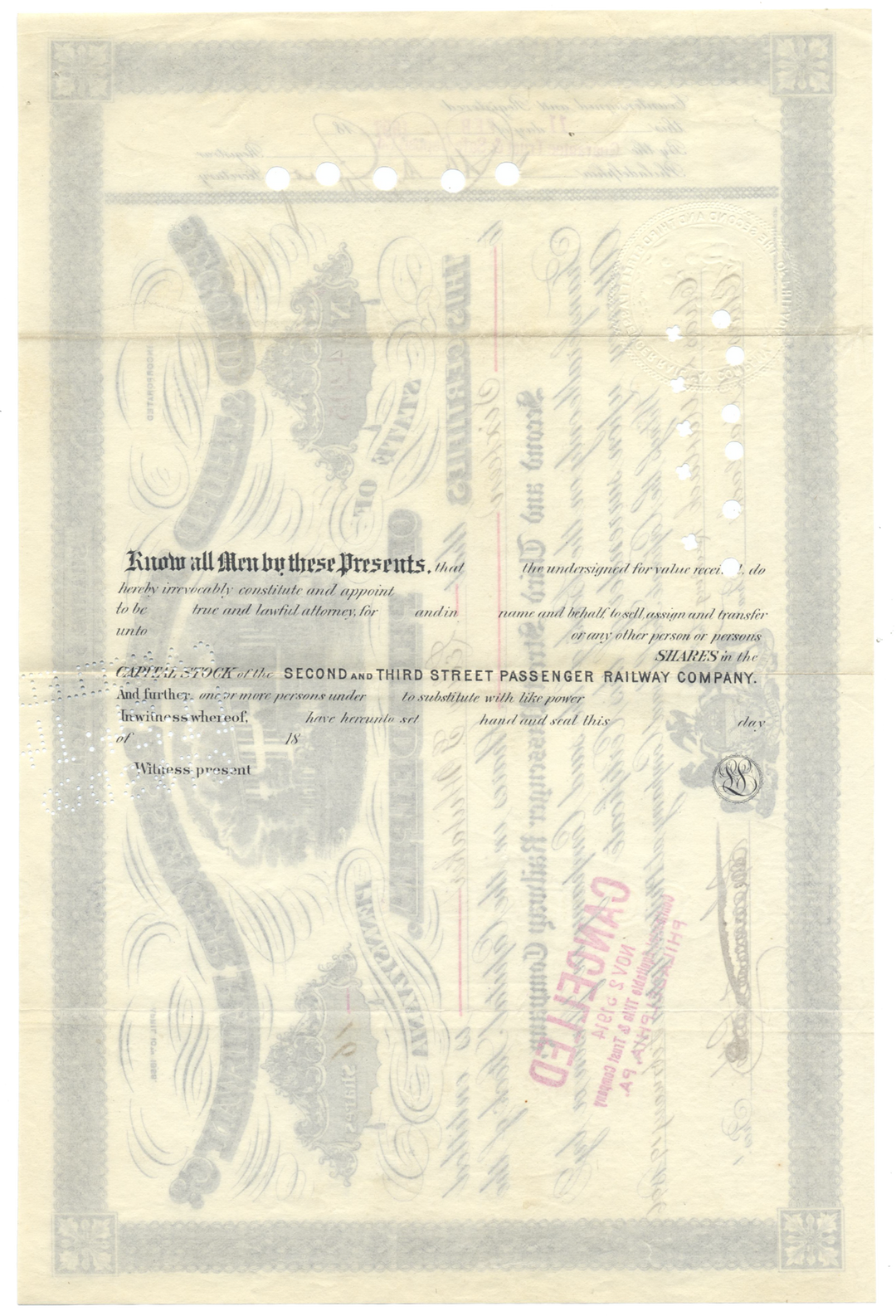 Second & Third Street Passenger Railway Company of Philadelphia Stock Certificate