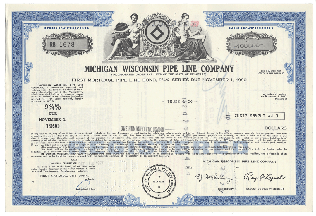 Bond certificate from the Michigan Wisconsin Pipe Line Company