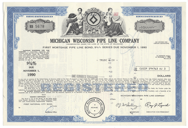 Bond certificate from the Michigan Wisconsin Pipe Line Company