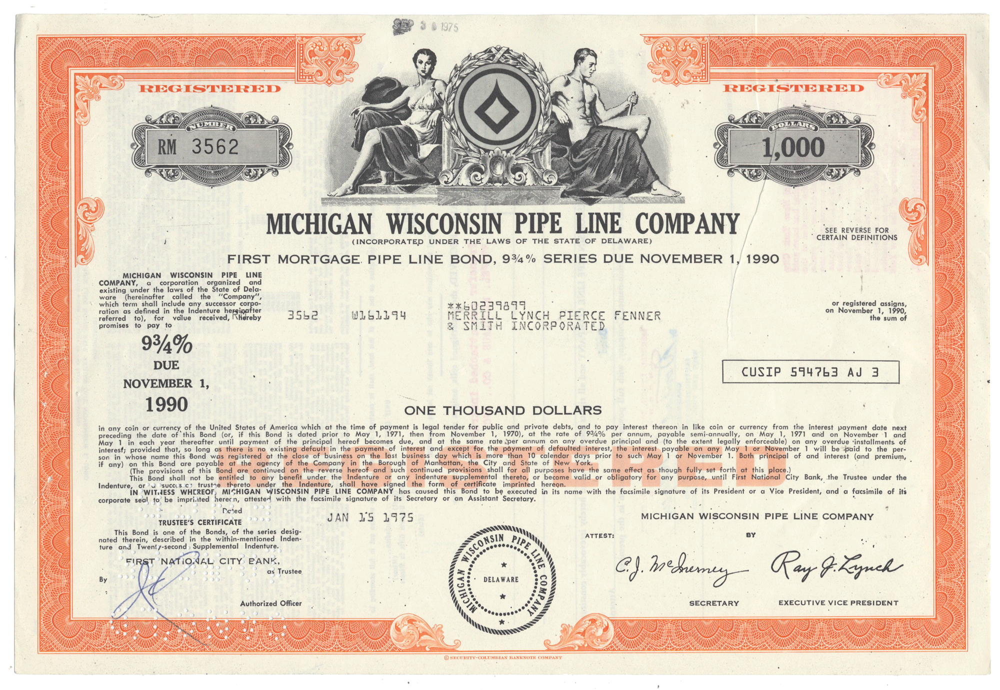Mortgage bond certificate for Michigan Wisconsin Pipe Line Company with decorative elements and text.