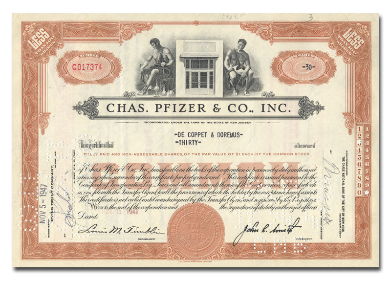 Vintage stock certificate for Chas. Pfizer & Co., Inc. from 1947
