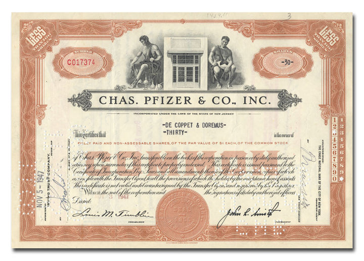 Vintage stock certificate for Chas. Pfizer & Co., Inc. from 1947