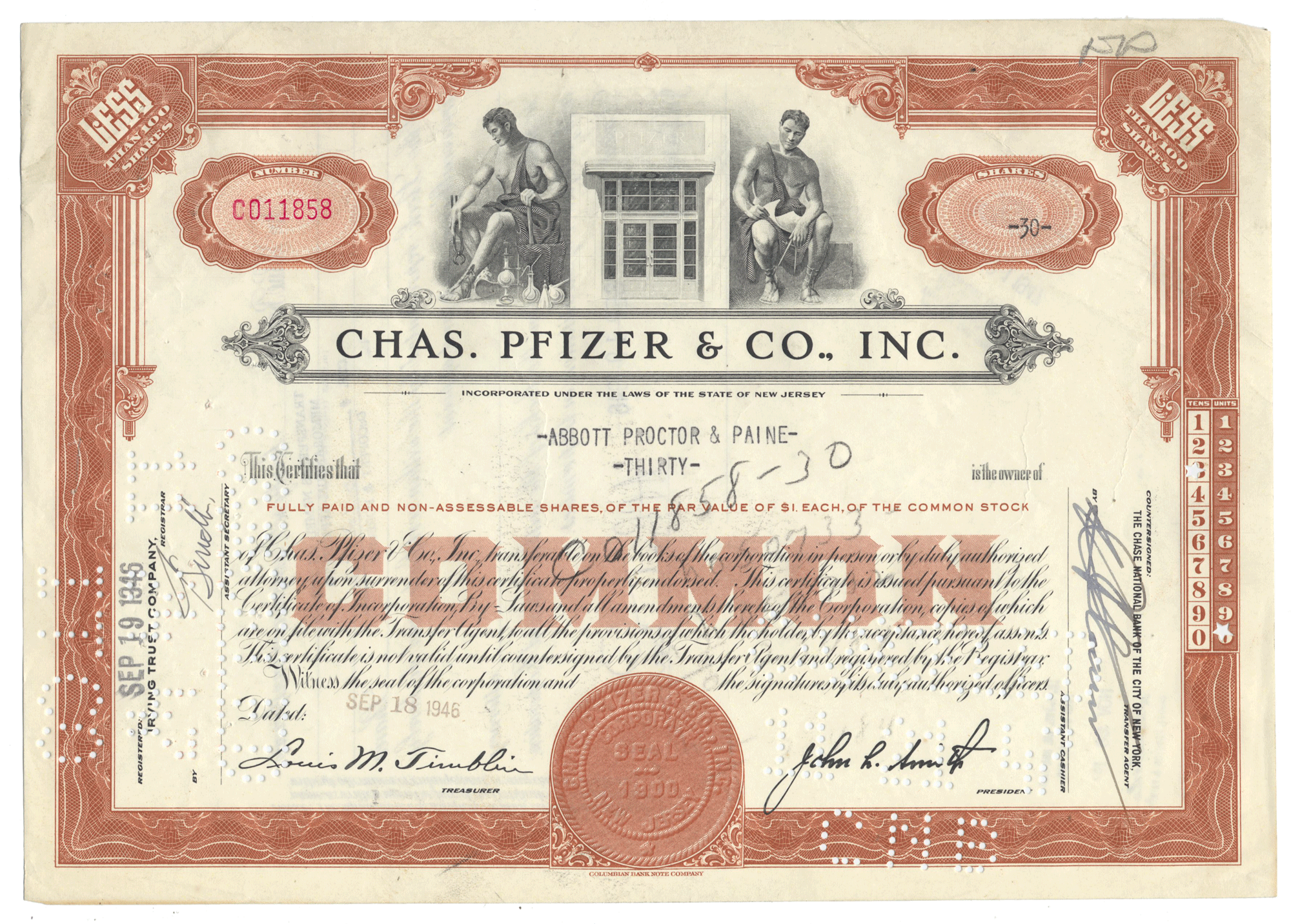 Chas. Pfizer & Co., Inc. stock certificate from 1946