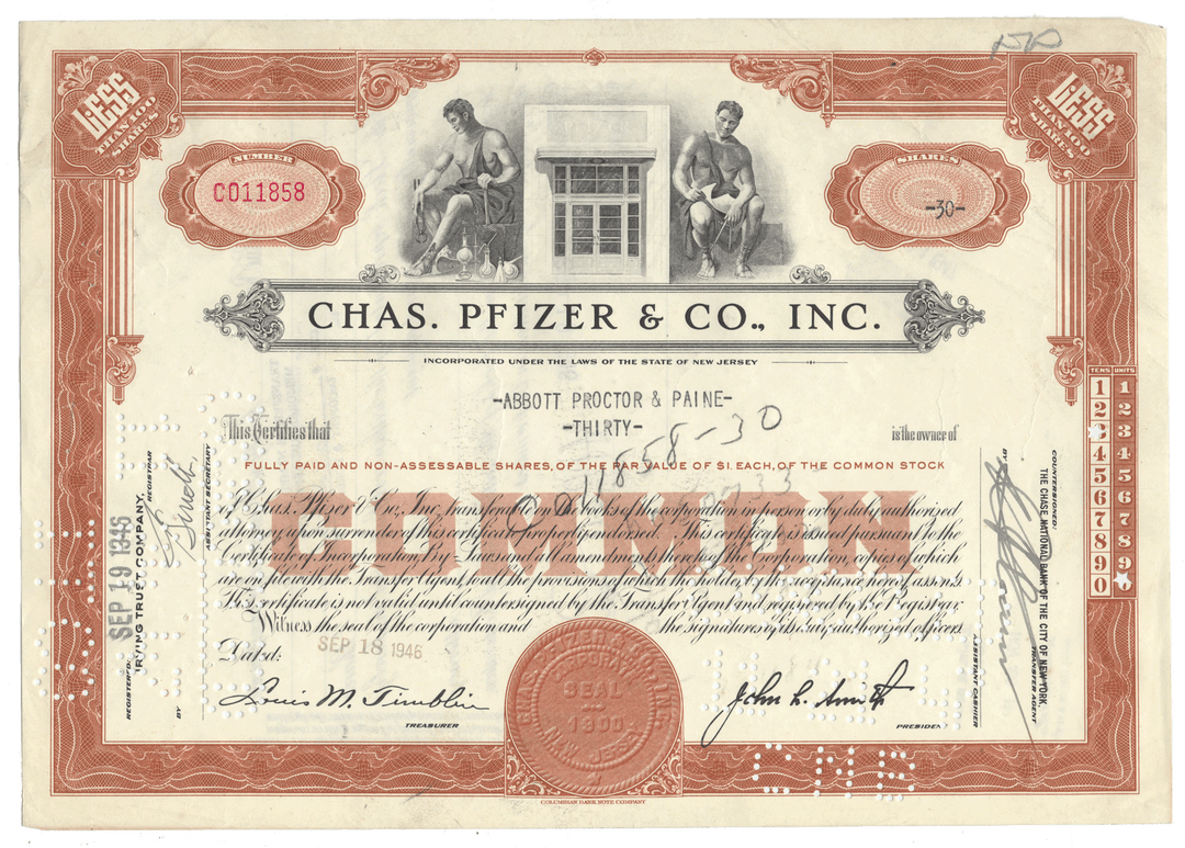 Chas. Pfizer & Co., Inc. stock certificate from 1946