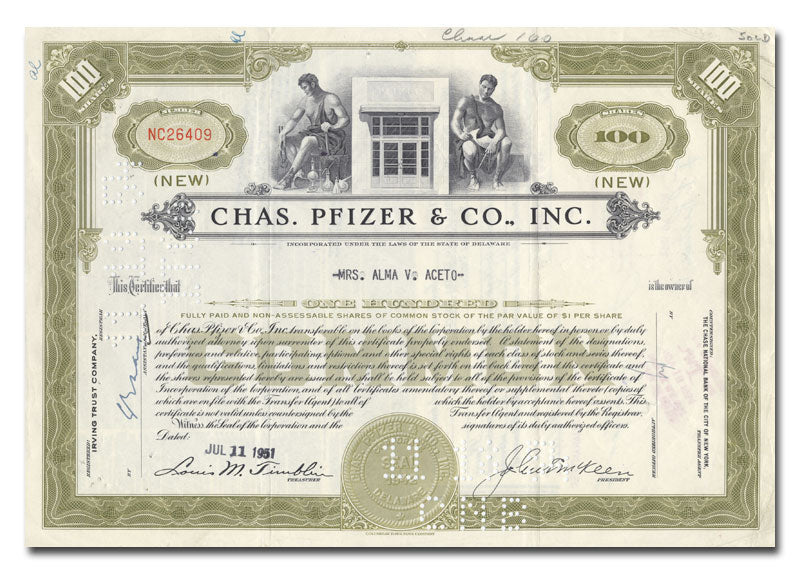 Vintage stock certificate from Chas. Pfizer & Co., Inc. from 1951