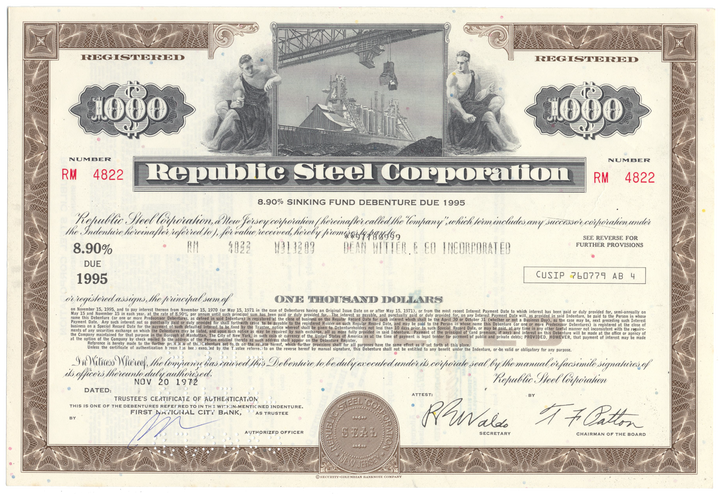 Republic Steel Corporation Bond Certificate