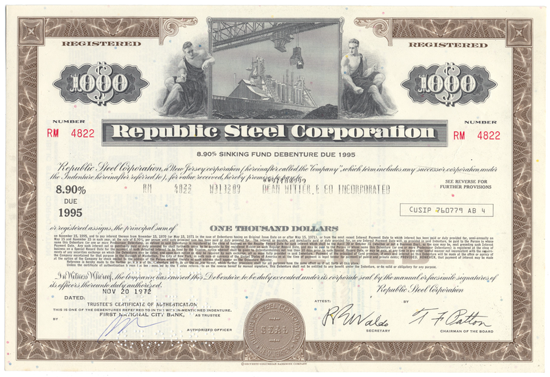 Republic Steel Corporation Bond Certificate