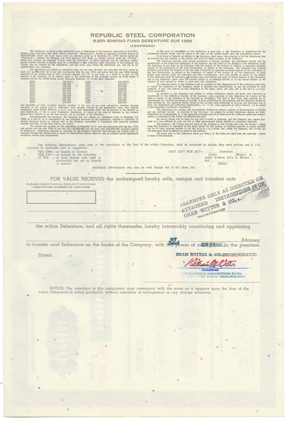 Republic Steel Corporation Bond Certificate