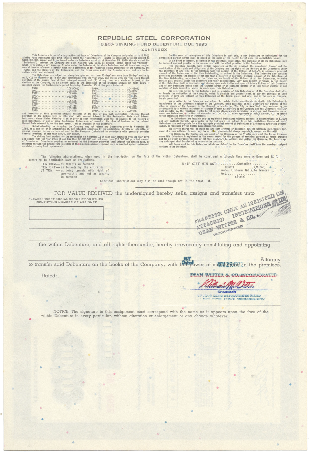 Republic Steel Corporation Bond Certificate