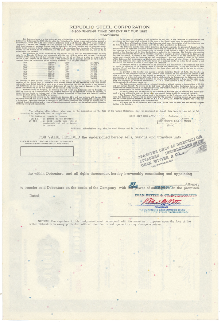 Republic Steel Corporation Bond Certificate