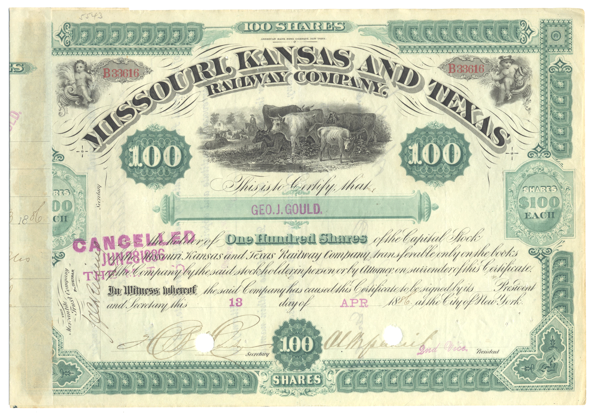 Missouri, Kansas and Texas Railway Company  stock certificate Issued to and Signed by George Gould dated 1886