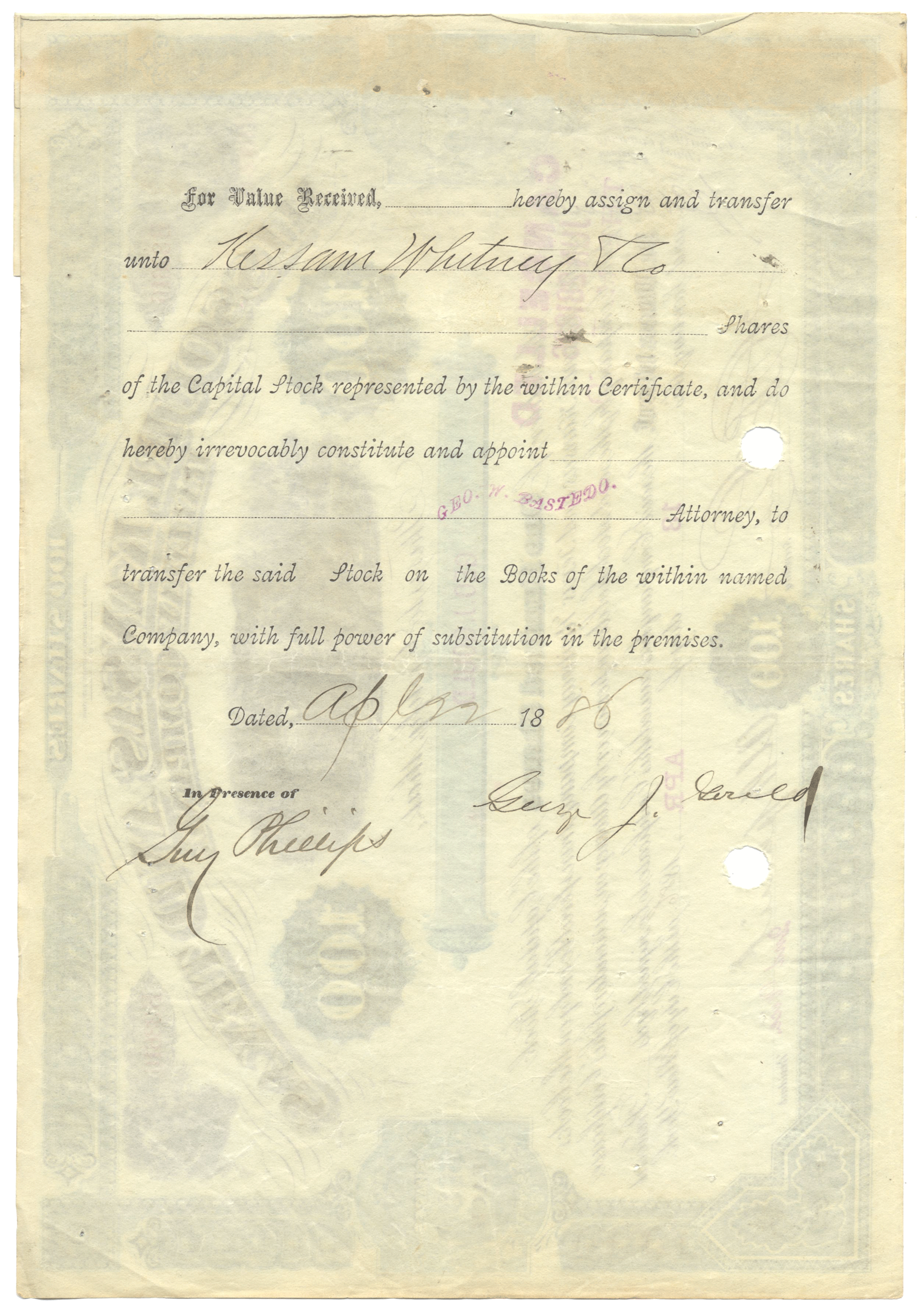 Missouri, Kansas and Texas Railway Company  stock certificate Issued to and Signed by George Gould dated 1886