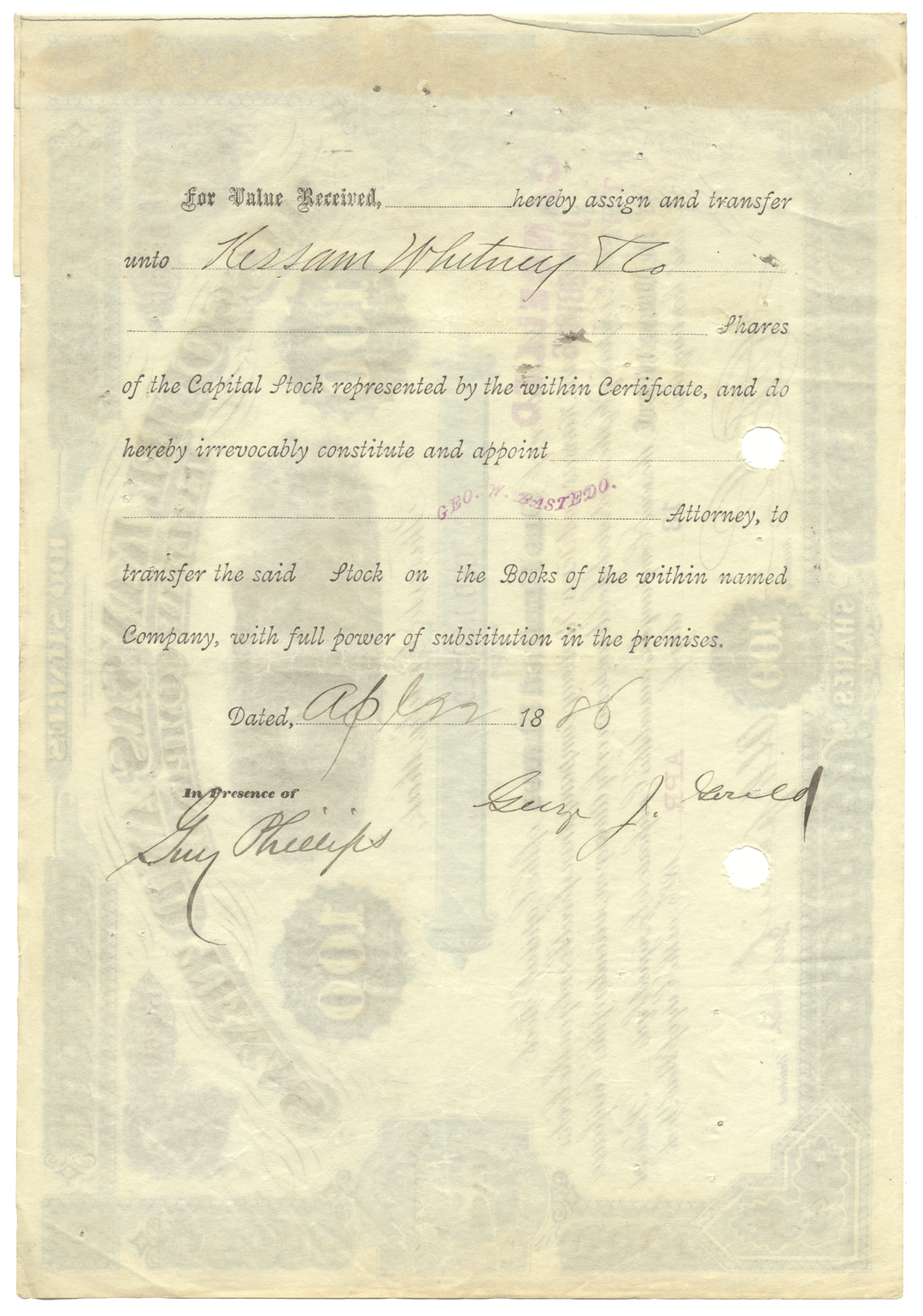 Missouri, Kansas and Texas Railway Company  stock certificate Issued to and Signed by George Gould dated 1886