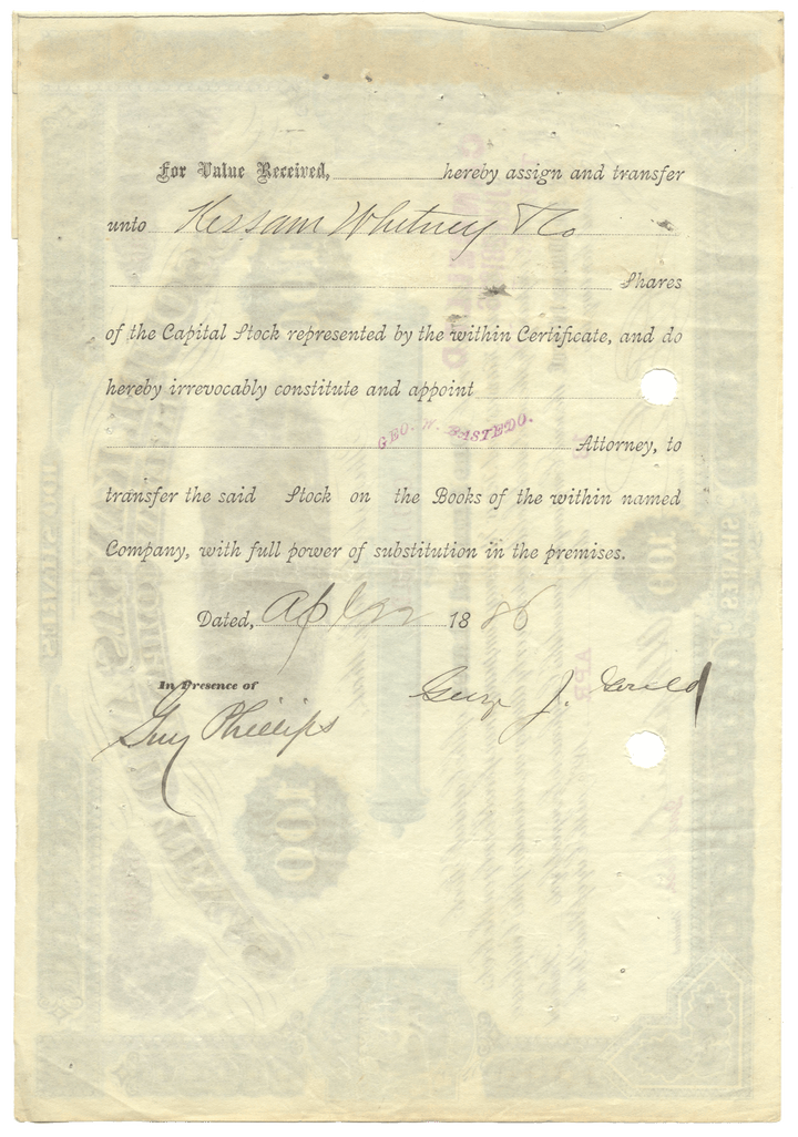 Missouri, Kansas and Texas Railway Company  stock certificate Issued to and Signed by George Gould dated 1886