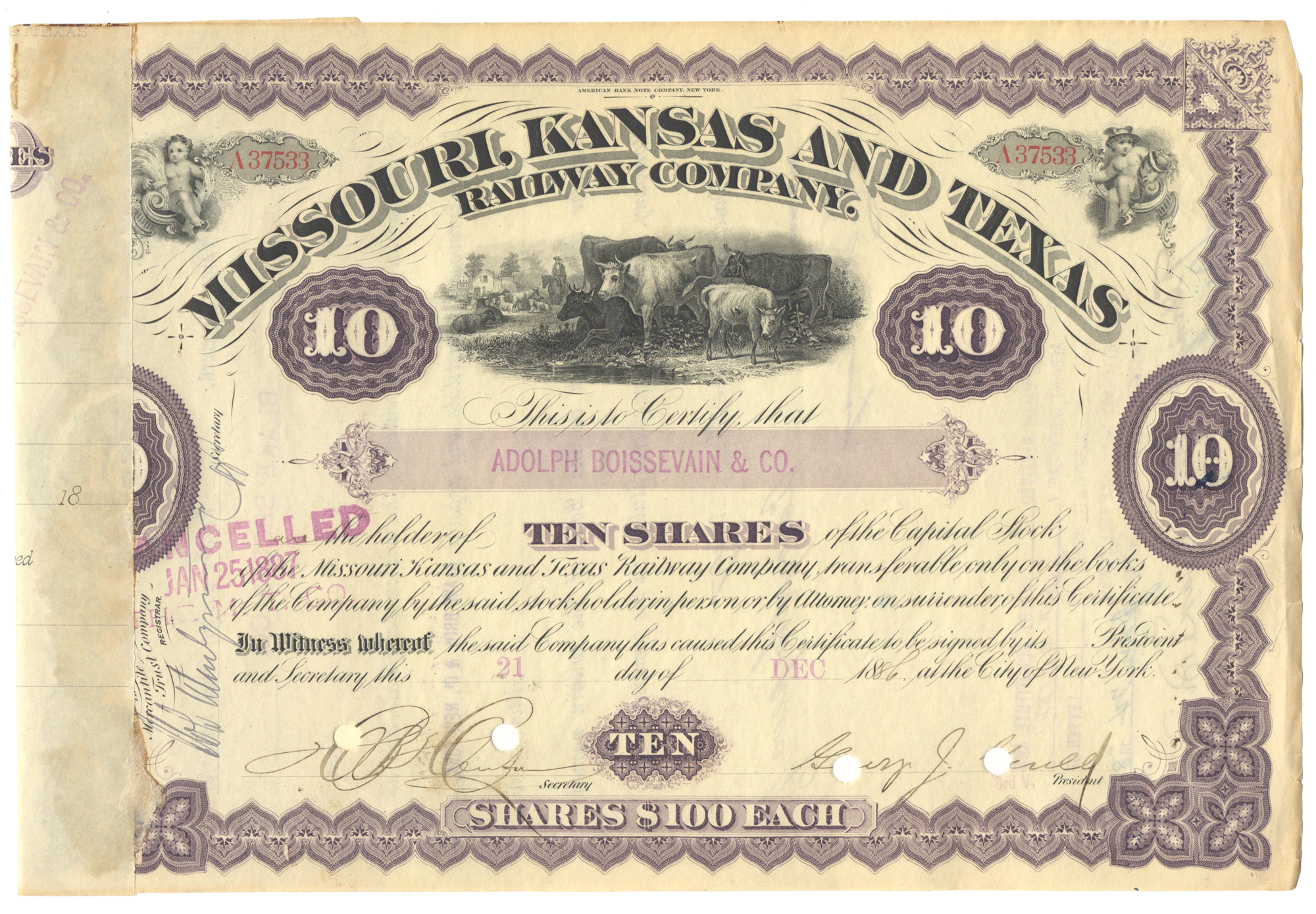 Missouri, Kansas and Texas Railway Company  stock certificate Signed by George Gould dated 1886