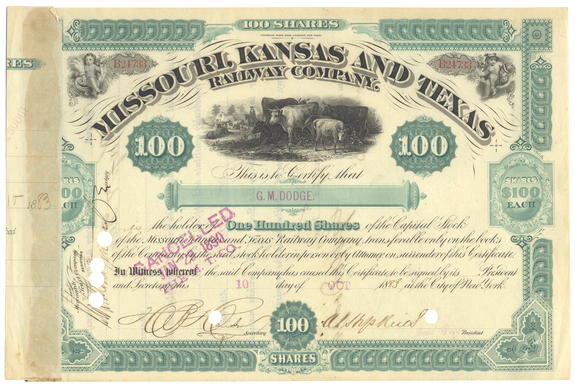 Missouri, Kansas and Texas Railway Company  Stock Certificate Signed by Grenville Dodge