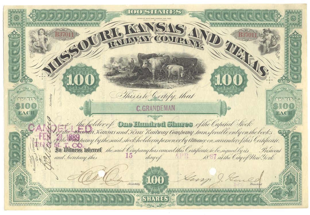 Missouri, Kansas and Texas Railway Company Stock Certificate Signed by George Gould
