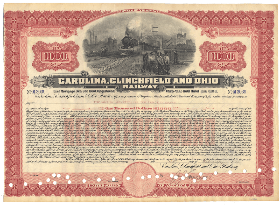 Vintage bond certificate for Carolina, Clinchfield and Ohio Railway from 1925
