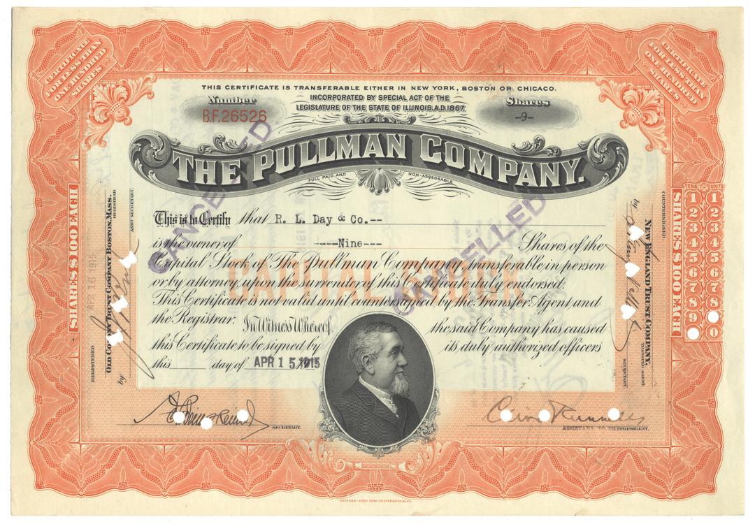 Stock certificate of The Pullman Company with a portrait of George Pullman from 1915.