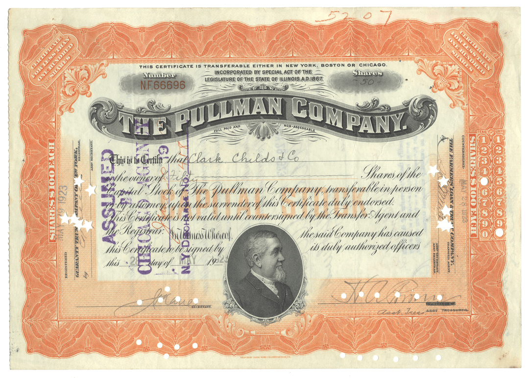 Stock certificate of The Pullman Company with a portrait of George Pullman from 1923