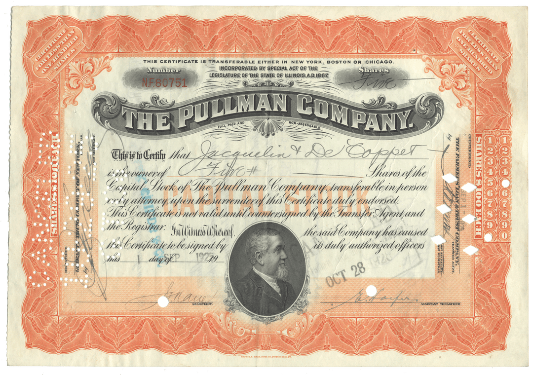 Stock certificate of The Pullman Company from 1925