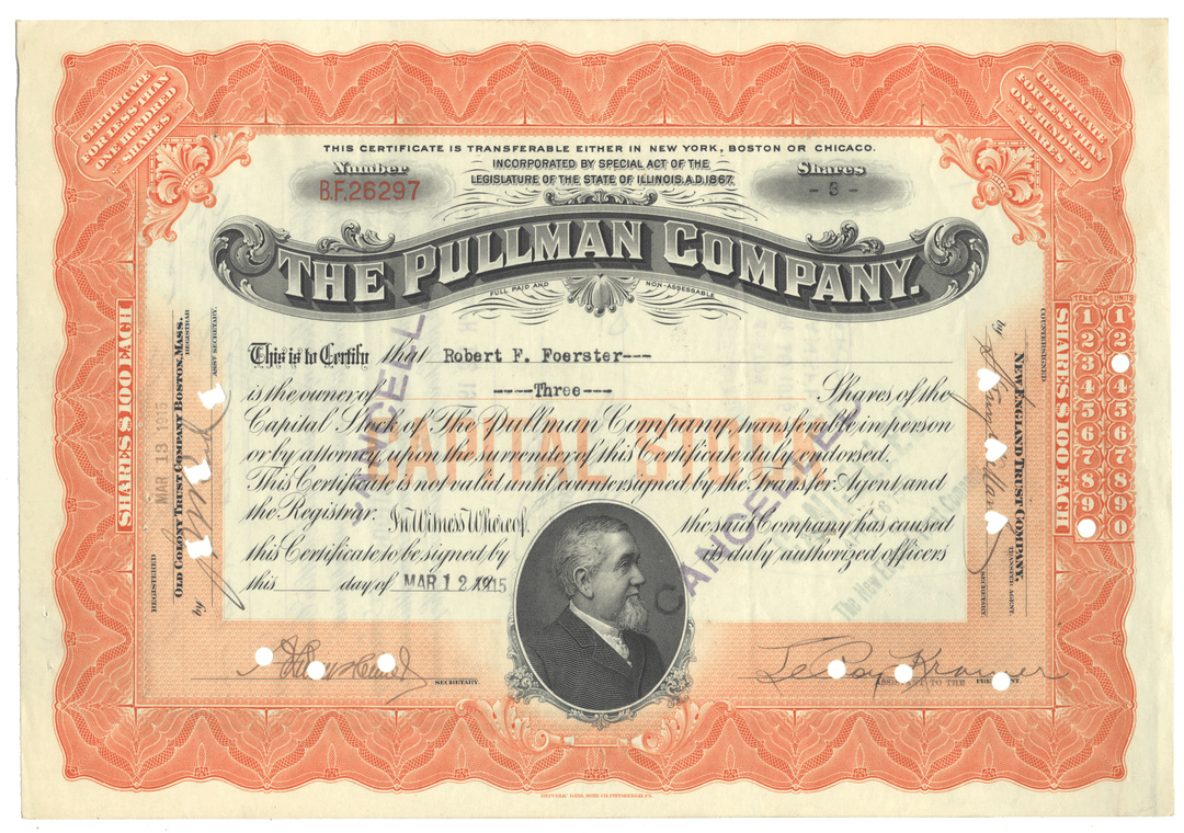 Stock certificate of The Pullman Company with a portrait of George Pullman from 1915